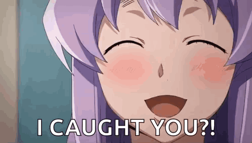 A Purple Haired Anime Girl Is Smiling And Says I Caught You ? GIF