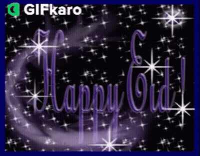 A Purple Happy Eid Greeting Card With Stars On A Black Background GIF