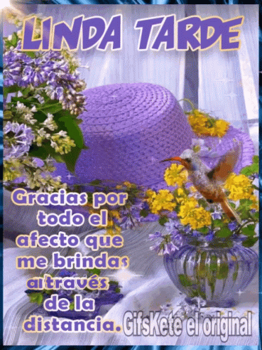 A Purple Hat Sits Next To A Vase Of Flowers And A Bird GIF