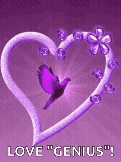 A Purple Heart With A Bird In It And The Words `` Love Genius '' . GIF
