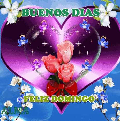 A Purple Heart With Pink Roses And The Words Buenos Dias Feliz Domingo GIF