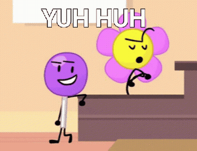 A Purple Lollipop Is Standing Next To A Yellow Flower With The Words " Yuh Huh " Above It GIF