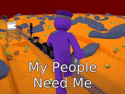 A Purple Man Is Walking Down Train Tracks With The Words " My People Need Me " On The Bottom GIF