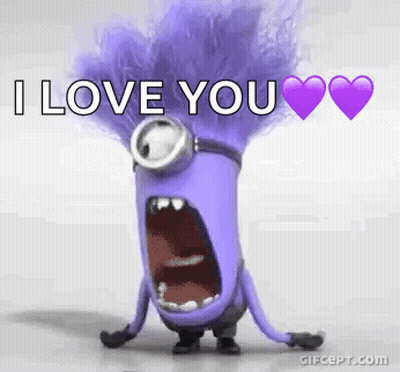 A Purple Minion With A Purple Haircut Is Screaming And Saying `` I Love You '' . GIF