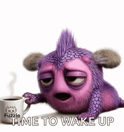 A Purple Monster Is Laying Down With A Cup Of Coffee . GIF