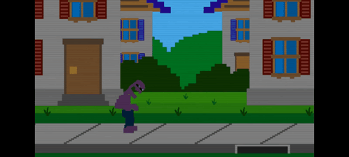 A Purple Monster Is Standing In Front Of A House With Shutters GIF