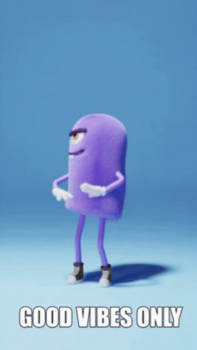 A Purple Monster Says Good Vibes Only In A Blue Background GIF