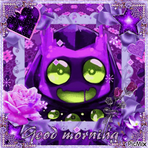A Purple Monster With Green Eyes And The Words Good Morning GIF