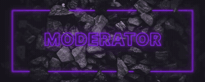 A Purple Neon Sign That Says `` Moderator '' On A Black Background With Rocks . GIF