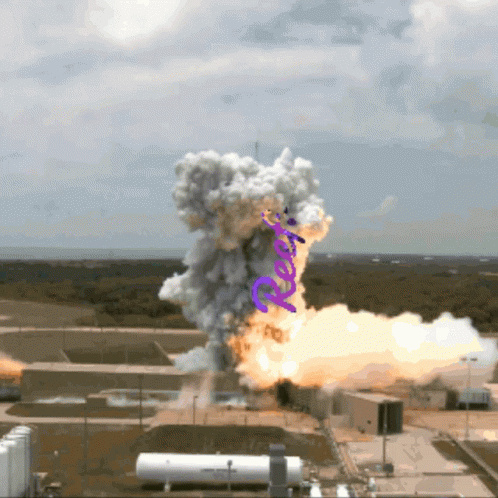 A Purple Object Is Flying Through The Air In Front Of A Large Cloud Of Smoke GIF