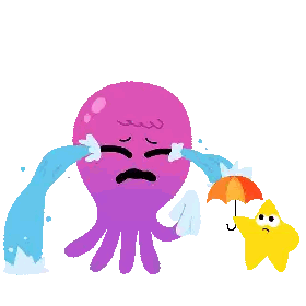 A Purple Octopus Is Crying While Holding An Orange Umbrella Sticker