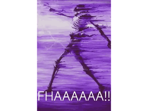 A Purple Painting Of A Skeleton With The Words Fhaaaa !! Below It Sticker