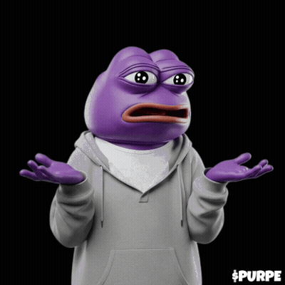 A Purple Pepe Frog With A Grey Hoodie Is Standing In Front Of A Question Mark Pattern GIF