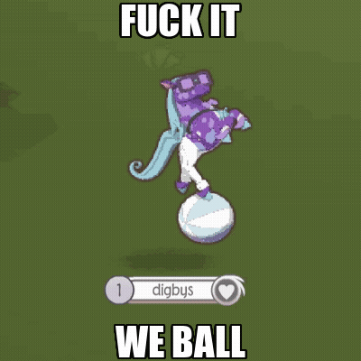 A Purple Pony Standing On A Ball With The Words " Fuck It We Ball " GIF