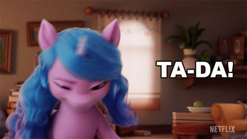 A Purple Pony With Blue Hair Says Ta-Da In A Living Room GIF