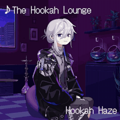 A Purple Poster With A Girl Sitting On A Chair With Hookah Haze Written On It GIF