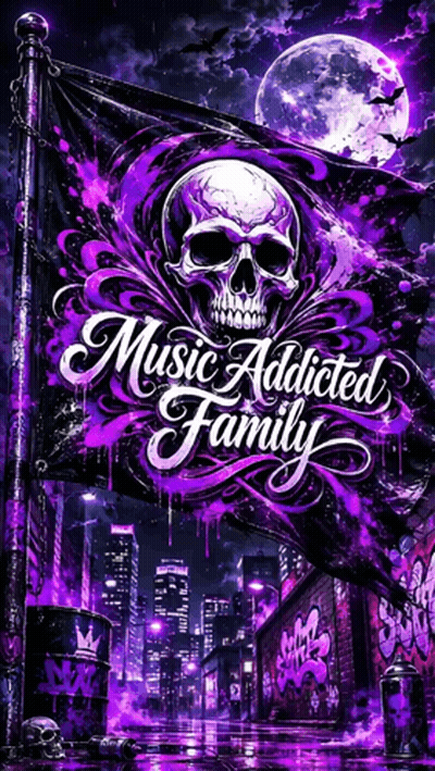 A Purple Poster With A Skull And The Words Music Addicted Family On It GIF