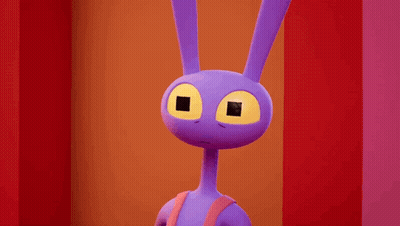 A Purple Rabbit With Yellow Eyes Is Standing In Front Of A Red And Orange Wall . GIF