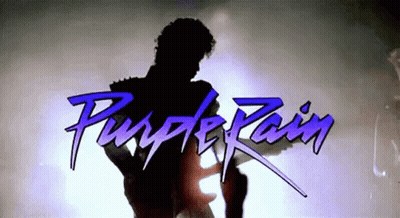 A Purple Rain Logo With A Silhouette Of A Person Holding A Guitar GIF