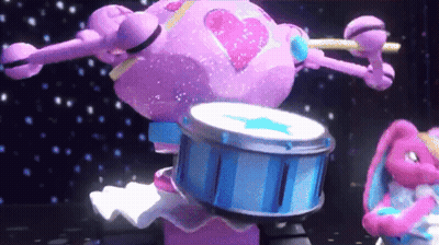 A Purple Robot Is Playing A Blue Drum GIF