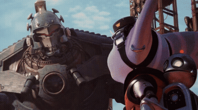 A Purple Robot Is Standing Next To A Gray Robot GIF