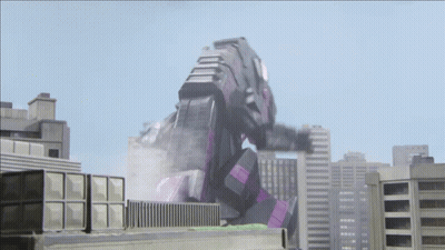 A Purple Robot Is Standing On Top Of A Building In A City GIF