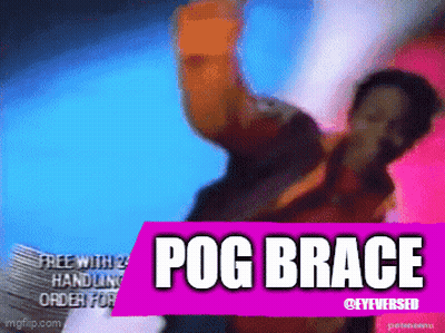 A Purple Sign That Says Pog Brace With A Man In The Background GIF