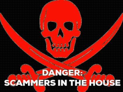 A Purple Skull And Crossed Swords With The Words Danger Scammers In The House Below It GIF