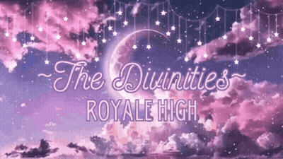 A Purple Sky With A Crescent Moon And The Words `` The Divinities Royale High '' . GIF
