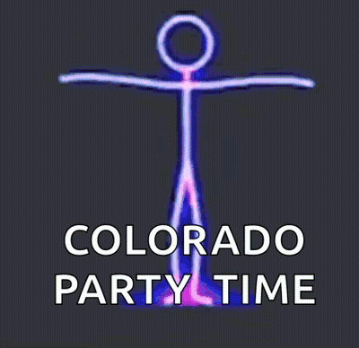 A Purple Stick Figure With The Words Colorado Party Time Written Below It GIF