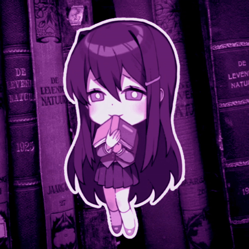 A Purple Sticker Of A Girl Holding A Book In Front Of A Stack Of Books GIF