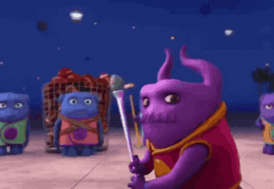 A Purple Stuffed Animal Is Holding A Sword In A Cartoon Scene GIF