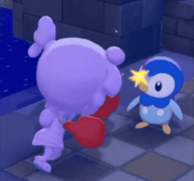 A Purple Stuffed Animal Is Standing Next To A Blue Penguin With A Star On Its Head GIF