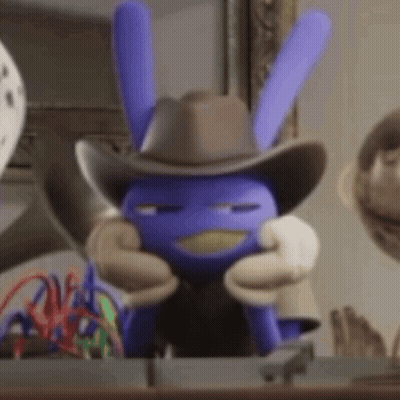 A Purple Stuffed Animal Wearing A Cowboy Hat And Gloves . GIF