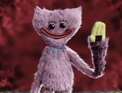 A Purple Stuffed Animal With A Blue Bow On Its Neck Holds A Yellow Object In Its Hand GIF
