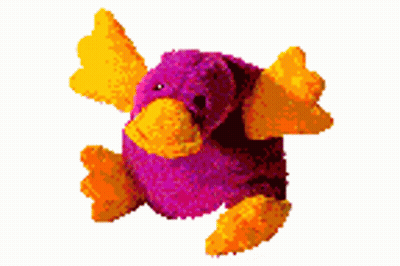 A Purple Stuffed Animal With Yellow Wings Is Sitting On A White Background GIF