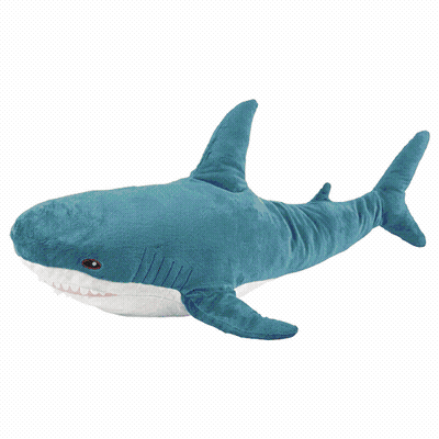 A Purple Stuffed Shark With White Teeth Is Laying On A White Surface GIF
