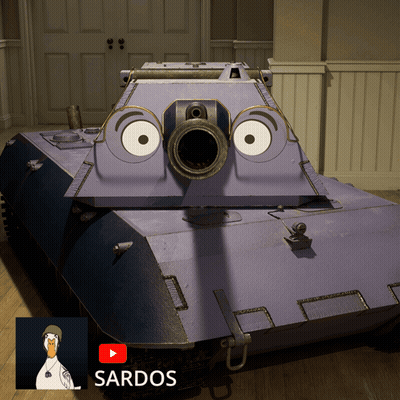 A Purple Tank With A Cartoon Face And A Sardo Duck Behind It GIF