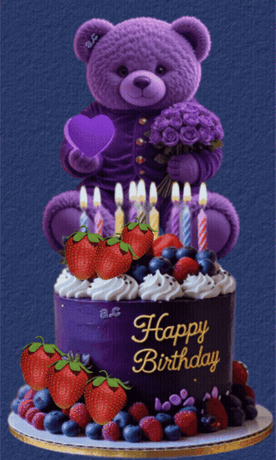 A Purple Teddy Bear Is Sitting On Top Of A Purple Cake That Says Happy Birthday GIF