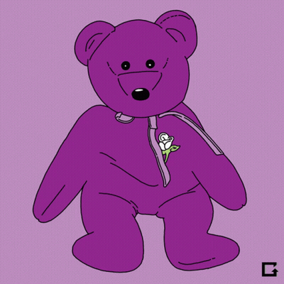 A Purple Teddy Bear With Braces And A Rose On Its Chest GIF