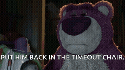 A Purple Teddy Bear With The Words Put Him Back In The Timeout Chair Below It GIF