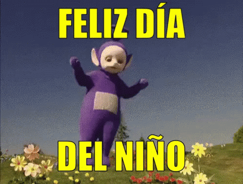 A Purple Teletubbies Character Is Dancing In A Field Of Flowers GIF