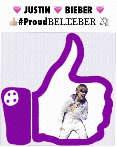 A Purple Thumbs Up Sign With Justin And Bieber On It GIF