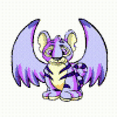 A Purple Tiger With Wings Is Sitting On A White Surface . GIF