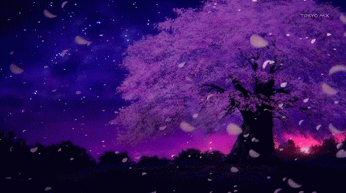 A Purple Tree With Petals Falling From It And Tokyo Mx Written On The Bottom GIF