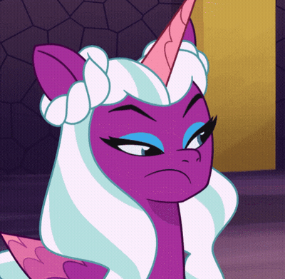 A Purple Unicorn With A Braided Mane And A Pink Horn Making An Angry Face GIF