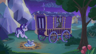 A Purple Wagon With Stars On It Is Being Pulled By A Small Pony GIF