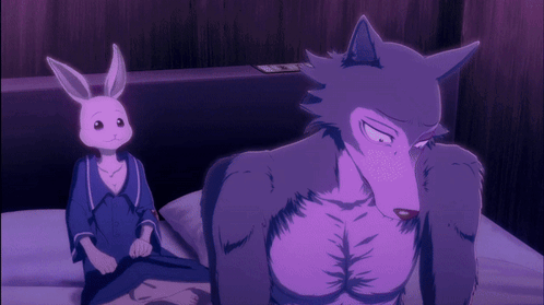 A Purple Wolf And A White Rabbit Are Standing Next To Each Other On A Bed GIF