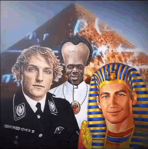 A Pyramid Is Behind A Group Of Men Including A Priest GIF