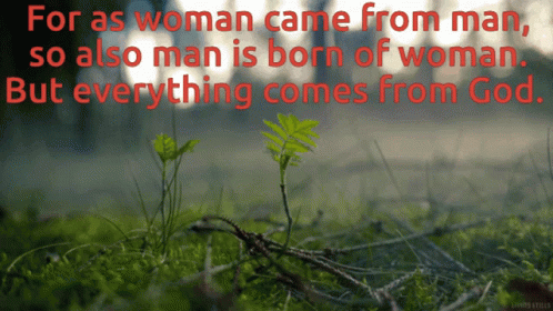 A Quote That Says " For As Woman Came From Man So Also Man Is Born Of Woman " GIF